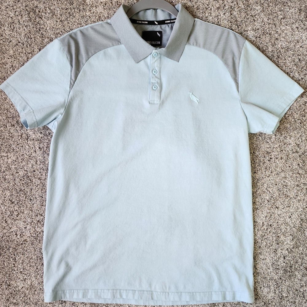 Stone Falcon Polo Shirt Mens Large Blue Athletic Stretch Short Sleeve Excellent